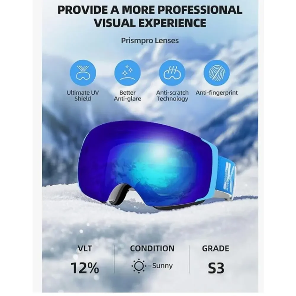 Ski Goggles, Interchangeable Magnetic Lens Snow Goggles, Anti Fog